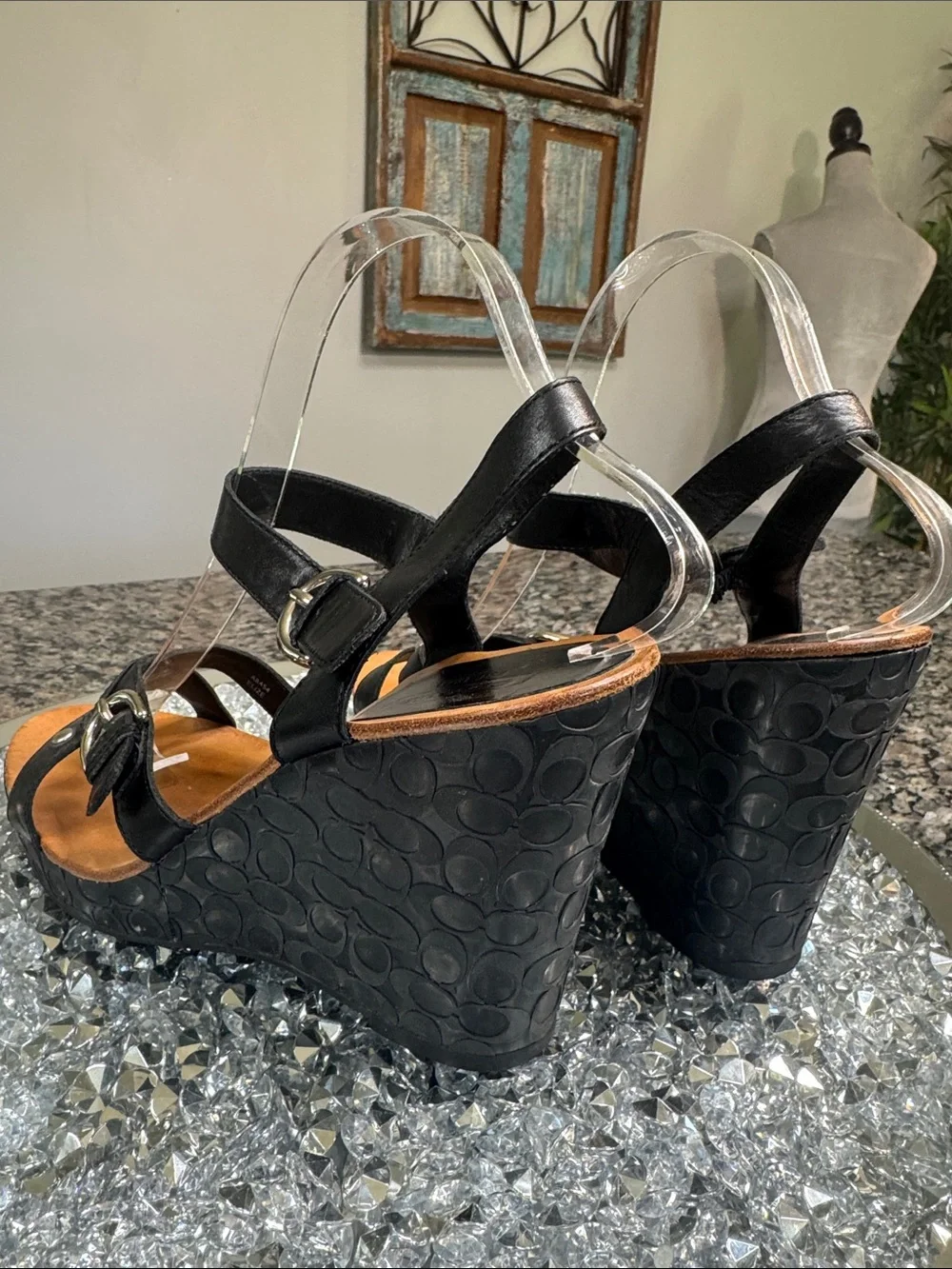Coach Elize leather Black Logo-Embossed Wedge Sandals with Buckle Detail